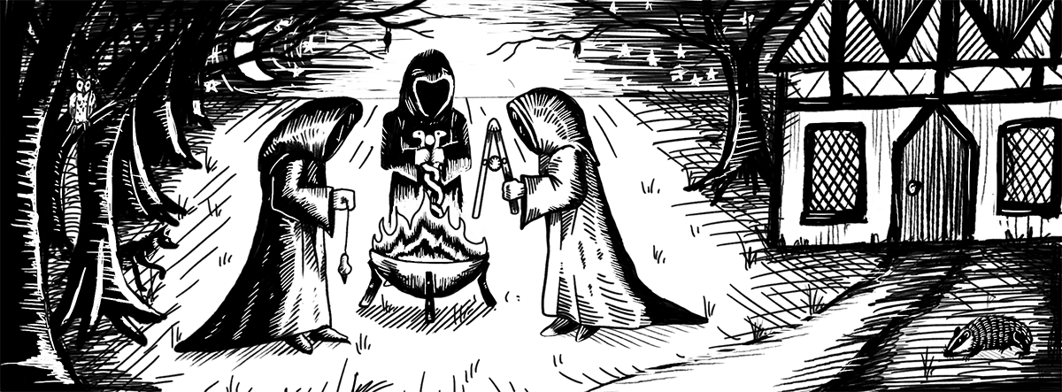 Woodcut style drawing in black and white of three hooded figures in long robes gathered at night around a fire in an iron brazier, one holding a pendulum, another a pair of calipers, and a third holding a caduceus, beside a timber-framed Tudor house, with a crescent moon, stars, an owl in a tree and a badger nearby.